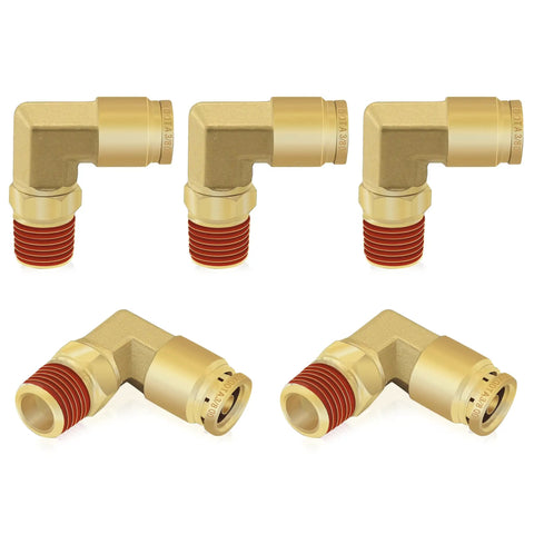 5 Pack Pro Grade Three Eighths Inch Brass Air Brake Line Push To Connect Fittings With Ninety Degree Elbow Three Eighths Inch Tube OD To One Quarter Inch NPT Quick Connect Swivel For Truck Trailers And Air Brake System