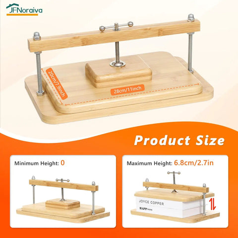DIY Book Binding Press Kit With Bamboo Wood Construction, 11 By 7.9 Inch Book Press showing product dimensions and usage examples