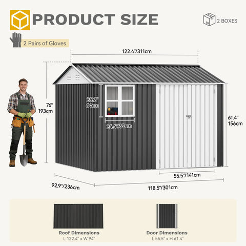 10 Ft By 8 Ft Metal Outdoor Storage Shed With Windows And Lockable Doors Sloped Roof Waterproof Rain Or Shine Ready No Fuss Setup