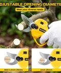 Cordless Electric Pruning Shears For DeWalt 20V Max Systems cutting a branch, showing adjustable opening diameter up to 1.4 inch.