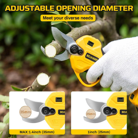 Cordless Electric Pruning Shears For DeWalt 20V Max Systems cutting a branch, showing adjustable opening diameter up to 1.4 inch.