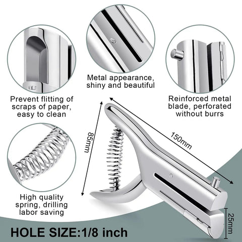 Image of Heavy Duty One Hole Punch With Deep Throat Reach 2 Inch Long 1/8 Inch Hole Size Punches, highlighting metal components and spring.