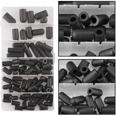 Automotive vacuum hose caps set, 80 pcs, 6 sizes, black rubber caps in plastic storage box