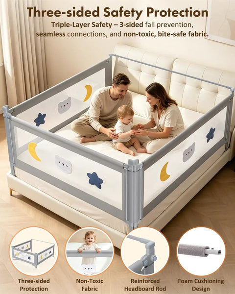 Queen Size Toddler Bed Guard Rails 3 Pack With Headboard Rod, Height Adjustable 2 To 13 Inches, installed on bed with family