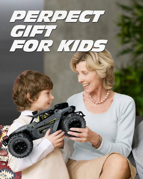 Child holding Beast 2WD RC Monster Truck With 2.4Ghz Remote Over 20 KMH Speed Dual LED Headlights Rechargeable Battery Anti Interference