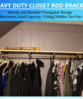 Super Strong 4 Pack Heavy Duty Closet Shelf Rod Brackets Holding 300 Pounds in use with clothes hanging on rods