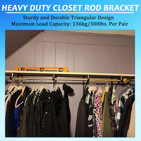 Super Strong 4 Pack Heavy Duty Closet Shelf Rod Brackets Holding 300 Pounds in use with clothes hanging on rods