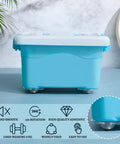 Blue plastic storage container with white lid on clear 360° swivel caster wheels.