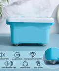 Self Adhesive Caster Wheels 16 Pack for Heavy Boxes Clear steel wheels on a blue storage box, 360° rotation
