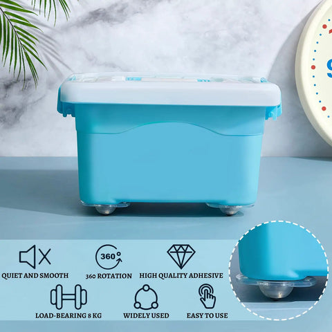 Self Adhesive Caster Wheels 16 Pack for Heavy Boxes Clear steel wheels on a blue storage box, 360° rotation