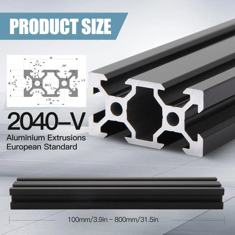 Close-up of 400mm V Slot 2040 aluminum extrusion, anodized black, European standard, for 3D printers and CNC DIY projects.