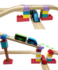 Wooden Train Track Connectors Set 40 Pieces Compatible With All Major Train Brands Duplo 0.35 Inch Holes Risers displayed