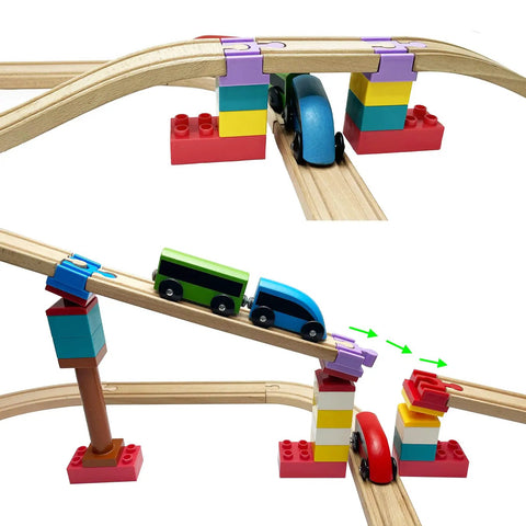 Wooden Train Track Connectors Set 40 Pieces Compatible With All Major Train Brands Duplo 0.35 Inch Holes Risers displayed
