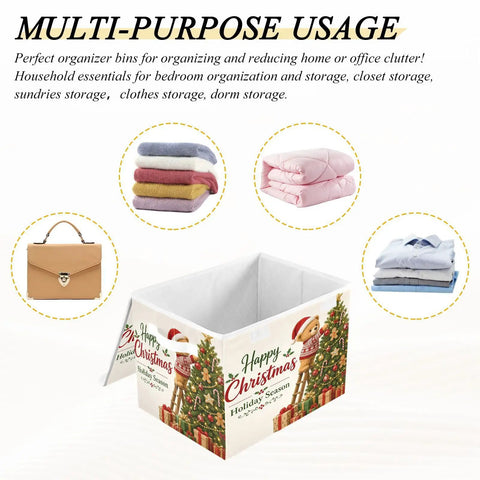 Foldable Storage Bin With Lid Handles Clutter Slayer Game Changer For Bedroom Organization, open with folded linens, multi-purpose use.
