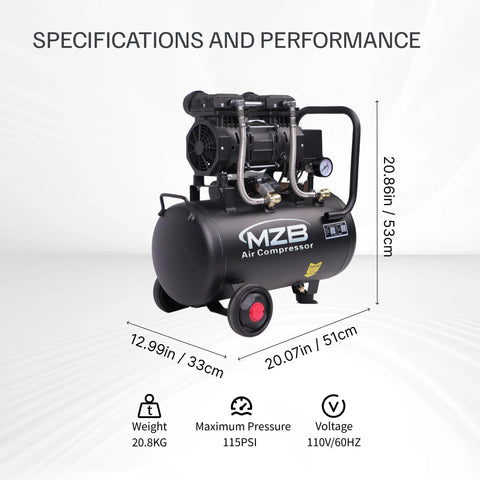 MZB 6.4 Gallon Ultra Quiet Air Compressor, 110V 1.5HP Oil Free, 7.4 CFM Max 115 PSI Steel Tank, 70dB Low Noise Level With Wheels For Spray Painting Auto Repair And Carpentry Projects