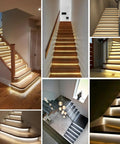 Indoor stairs illuminated by 32 Channel Motion Sensor LED Stair Controller for automatic staircase lighting with adjustable brightness.