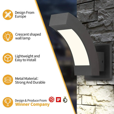Outdoor LED Wall Light Sconce Black Aluminum, Modern Porch Lamp For Front Door, Crescent Shape, Easy Install, IP54.