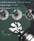 Close-up of Powerful 1100W Electric Rebar Bender For 4-22mm Steel Bars, showing bending mechanism and angles.