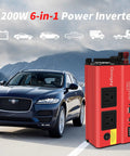 Heavy Duty 1200W Car Power Inverter 12V To 110V AC Converter with dual AC outlets next to a blue SUV on a mountain road.