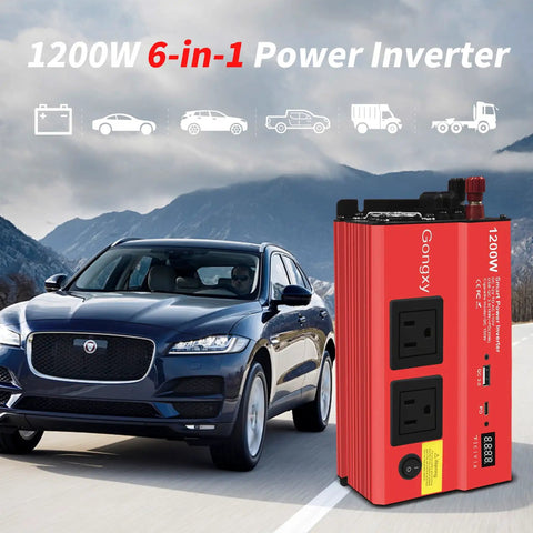 Heavy Duty 1200W Car Power Inverter 12V To 110V AC Converter with dual AC outlets next to a blue SUV on a mountain road.