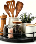 Sweetly Spinning 10 Inch Lazy Susan Turntable Organizer For Kitchen Counters Cabinets And Pantries with spices and utensils.