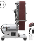 Aunmas 775 Electric Belt Sander With Powerful 9000Rpm Motor For Super Fast Grinding Metal Wood Sanding Polishing Compact Mini Bench Grinder Machine side view with accessories, US plug.