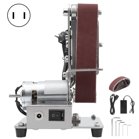 Aunmas 775 Electric Belt Sander With Powerful 9000Rpm Motor For Super Fast Grinding Metal Wood Sanding Polishing Compact Mini Bench Grinder Machine side view with accessories, US plug.