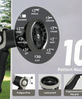 Close-up of retractable garden hose reel nozzle with 10 spray patterns, showing ergonomic grip and durable design for outdoor watering.