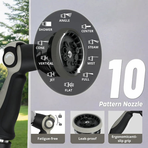 Close-up of retractable garden hose reel nozzle with 10 spray patterns, showing ergonomic grip and durable design for outdoor watering.