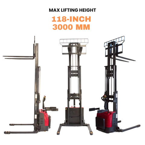 Fully Electric Pallet Stacker For Indoor Use Only, 3300 Lb Capacity, 118 Inch Lift Height, Walk Behind Warehouse Stacker with straddle legs