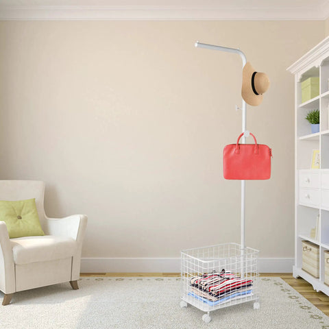 Smooth Rolling Garment Rack With Heavy Duty Hooks And Metal Basket, Versatile Freestanding Clothes Organizer For Entryway Or Laundry Room, Space Savvy White Hanging Rack That Rolls Around Easy