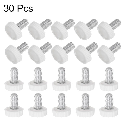 30 M6 12mm Thread Knurled Knobs in white plastic with zinc plated steel studs for DIY and machinery use, displayed in rows.