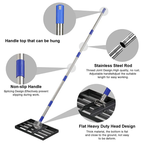 Heavy Duty Stainless Steel Lawn Leveling Rake With Adjustable 5 Foot Handle showing stainless steel rod and flat heavy duty head