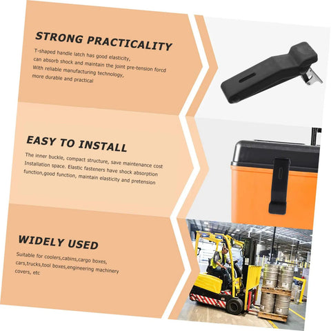 Image of Flexible Draw Latch Rubber Lock Kit with installation instructions and applications, showing latch with stainless hook.