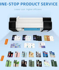 Universal Screen Protector Cutter With Touch Screen and Multi Language Support, sample films displayed below machine.