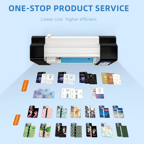 Universal Screen Protector Cutter With Touch Screen and Multi Language Support, sample films displayed below machine.