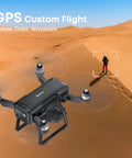 Pro Grade 4K Drone With 3 Axis Gimbal For Adults in flight over desert, GPS features follow, orbit, waypoint highlighted