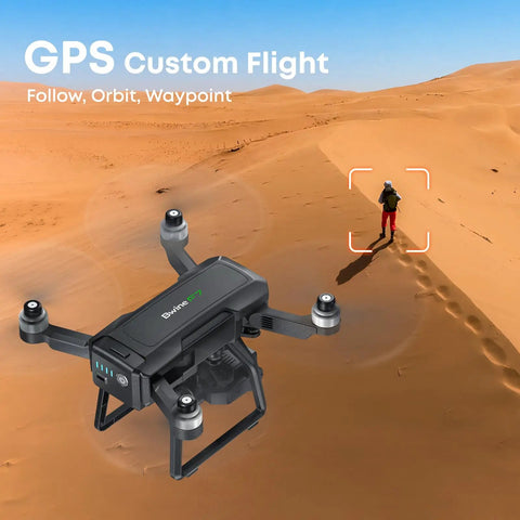 Pro Grade 4K Drone With 3 Axis Gimbal For Adults in flight over desert, GPS features follow, orbit, waypoint highlighted