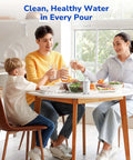 Family at table with water glasses and Three Pack Replacement Water Filters For Brita Pitchers And Dispensers, NSF 53 And 42 Certified