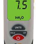 Real Deal Digital Differential Manometer With Dual Inputs And Crisp Lcd Display For Quick Gas Leak Checks And Regulator Tweaks Plus No Sweat Negative 55 To 55 Inches H2o Range Battery Operated Gauge showing the LCD displaying 7.5 inH2O.