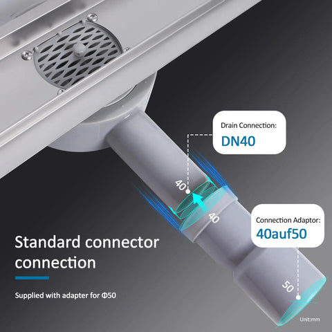 Standard connector for Slick Matte Black Linear Shower Drain Cut From Heavy Duty 304 Stainless Steel with adapter for seamless installation.