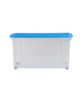 Ready To Roll Plastic Storage Crate With Secure Snap Top Lid For Home Garage Organization Heavy Duty 55 Liter Multi Color Hauling Tote Bin shown from the front.
