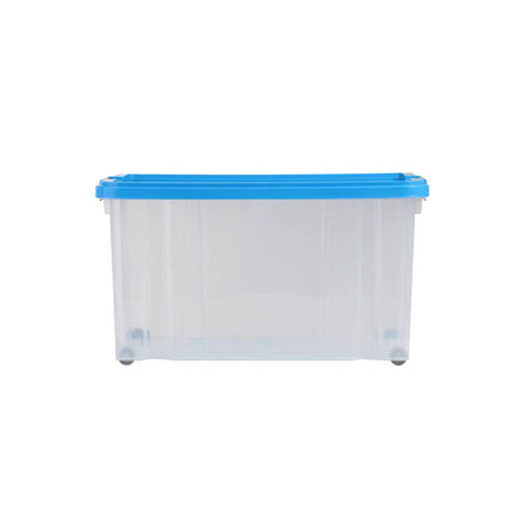 Ready To Roll Plastic Storage Crate With Secure Snap Top Lid For Home Garage Organization Heavy Duty 55 Liter Multi Color Hauling Tote Bin shown from the front.