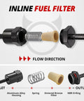 Image showing a disassembled 3/8 Inch Billet Inline Fuel Filter, 30 Micron Aluminum Black, Compact 2.07 Inch Housing with labeled parts.