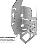 Close-up of the Tremec T-56 Adjustable Mock Up Bellhousing Transmission Fitment Jig with laser etched depth markings.