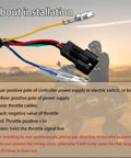 Installation guide for Pair Of Universal Electric Bike Throttle Grips With Key Full Twist Handlebar With LCD Battery Voltage Display 12V To 84V Compatible Throttle For E Bike Scooter Motorcycle showing wiring connections.