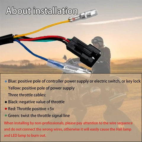 Installation guide for Pair Of Universal Electric Bike Throttle Grips With Key Full Twist Handlebar With LCD Battery Voltage Display 12V To 84V Compatible Throttle For E Bike Scooter Motorcycle showing wiring connections.