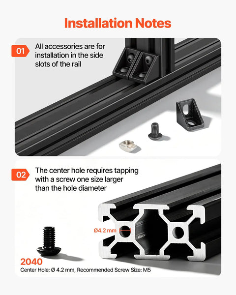 Five Piece 2040 Aluminum Extrusion Profile Kit With 2000 Mm Length And Anodized Black V Slot Linear Rail installation notes