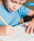 Child writing in a notebook with a pencil from the Half Golf Pencils Bulk 48 Pack Pre Sharpened Short Round Wooden Pencils With White Erasers.
