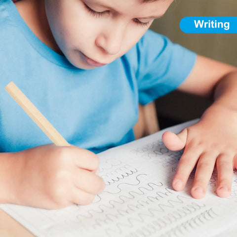 Child writing in a notebook with a pencil from the Half Golf Pencils Bulk 48 Pack Pre Sharpened Short Round Wooden Pencils With White Erasers.